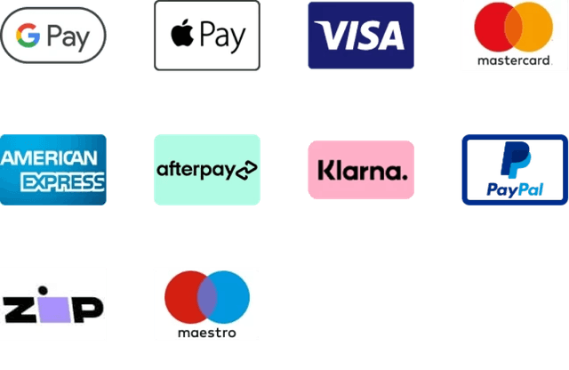 Visa, Mastercard, Amex, Apple Pay, Google Pay, Afterpay